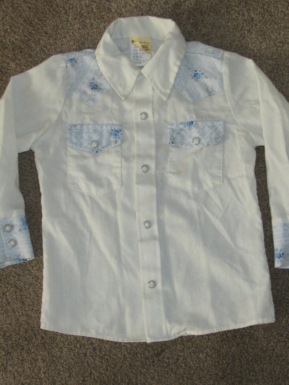 Vintage Western Wear Ivory Blue Floral Pearl Snap Cowboy Rodeo Shirt Boys sz 6